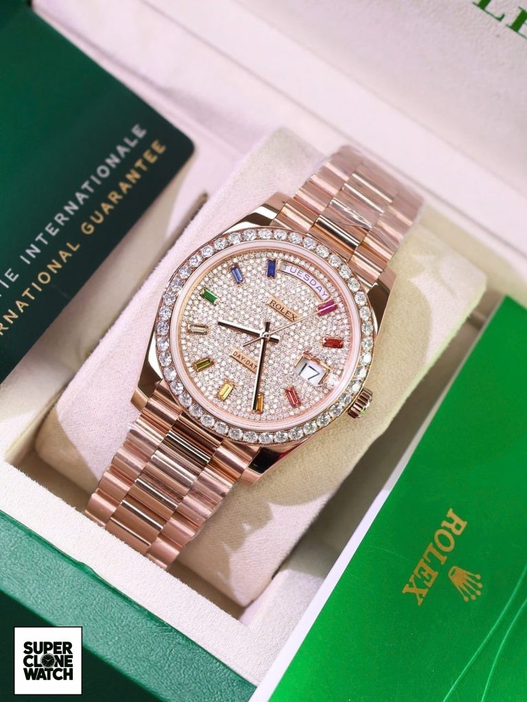 Dong Ho Rolex Day Date Che Tac Kim Cuong Moissanite Boc Vang Hong 18K GMF 40mm 3 768x1023 1