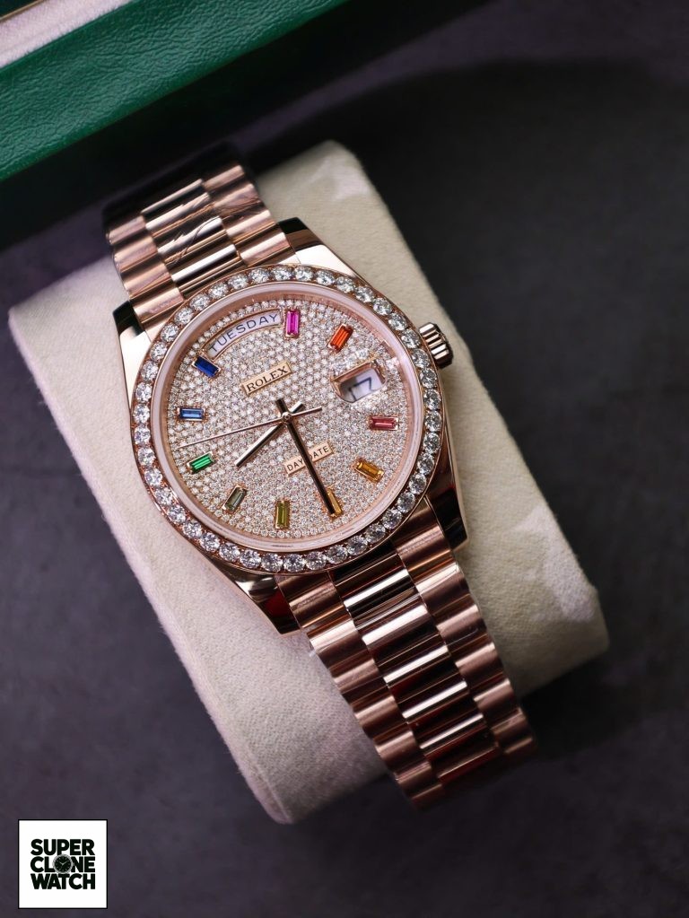 Dong Ho Rolex Day Date Che Tac Kim Cuong Moissanite Boc Vang Hong 18K GMF 40mm 5 768x1023 1