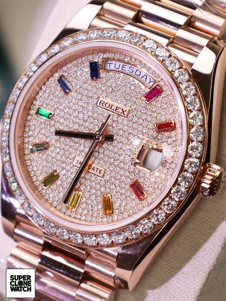 Dong Ho Rolex Day Date Che Tac Kim Cuong Moissanite Boc Vang Hong 18K GMF 40mm 6 768x1023 1
