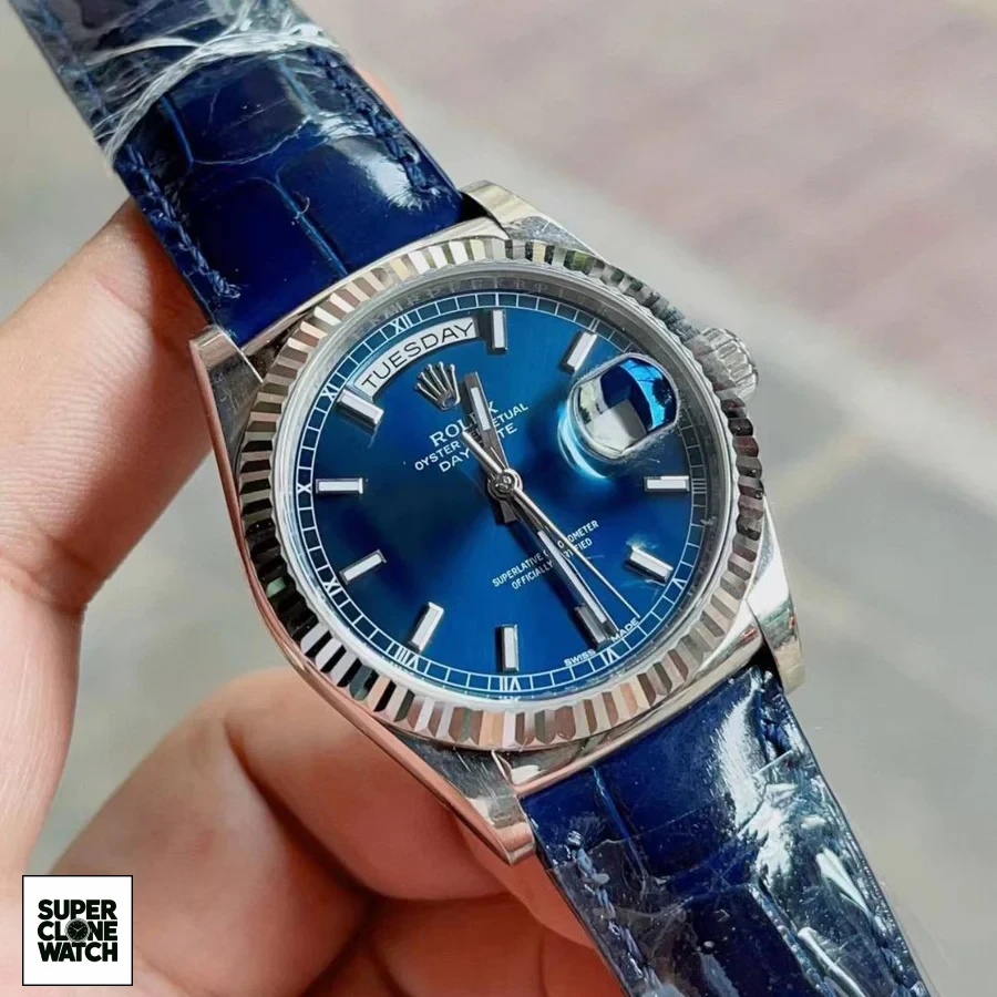 RolexDay Date36 BlueAlligatorLeatherbracelet BluedialFlutedbezel Men sWatch118139