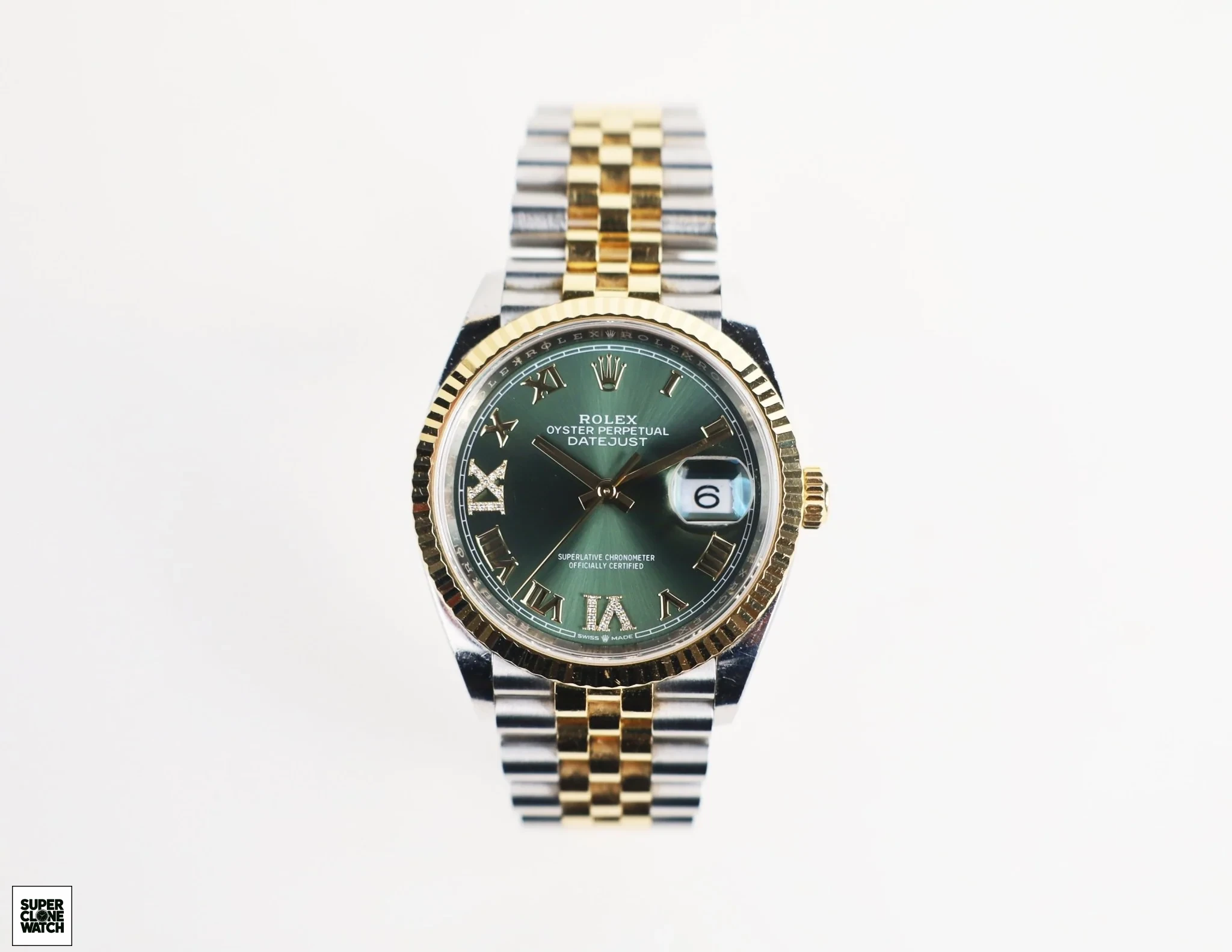 rolex datejust 36 yellow goldsteel olive green roman diamond vi dial fluted bezel jubilee bracelet 126233