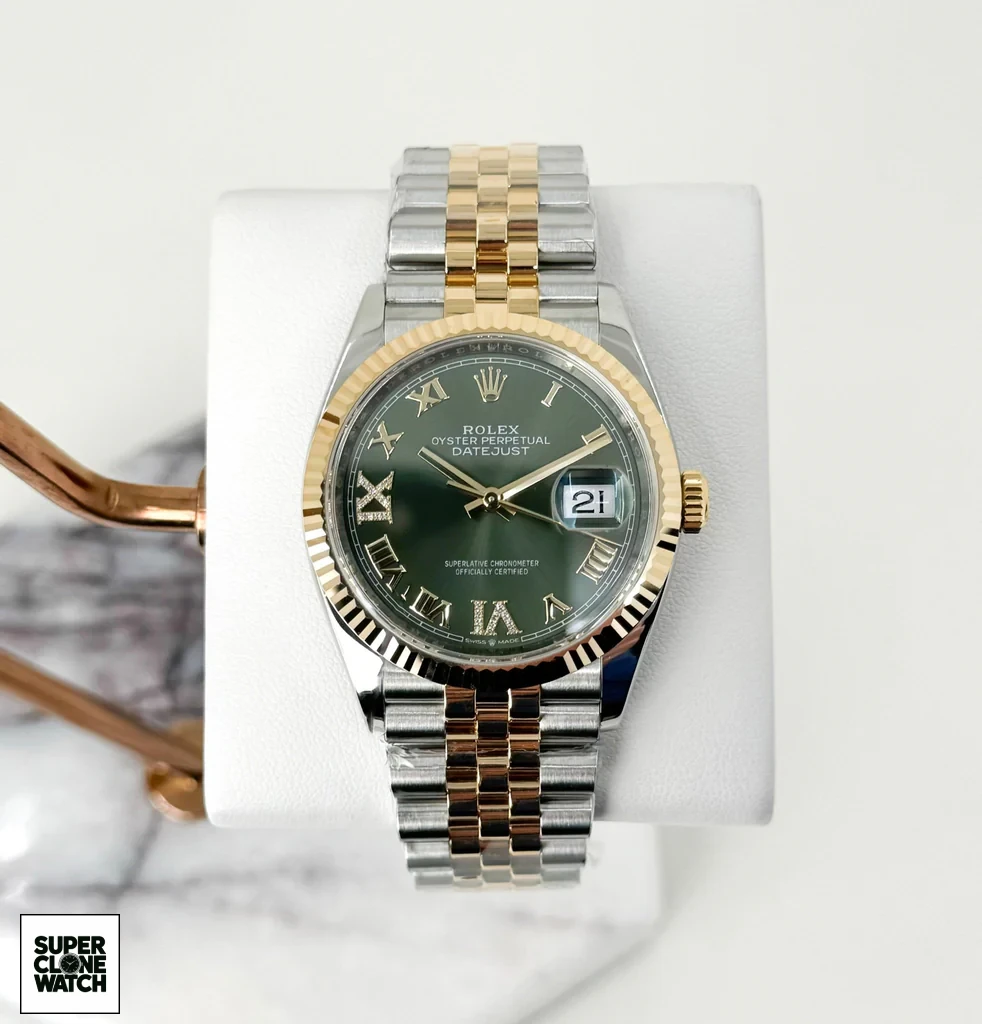 rolex datejust 36 yellow goldsteel olive green roman diamond vi dial fluted bezel jubilee bracelet 126233