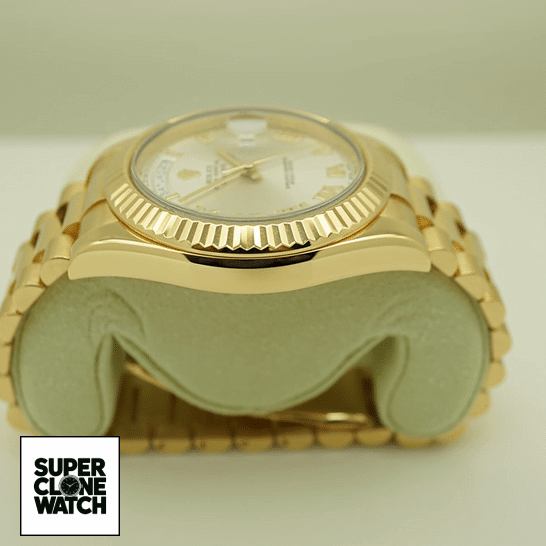 rolex day date II collection gold silver white dial 218238 left