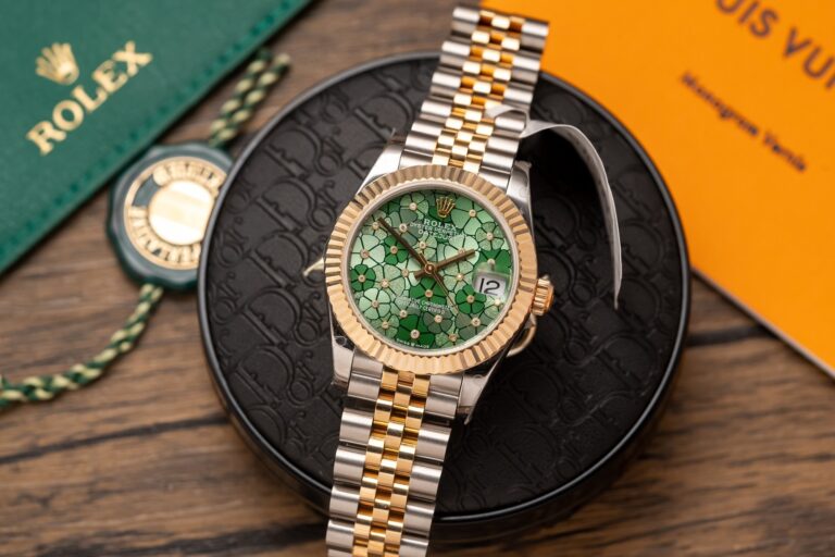 Dong Ho Nu Rolex Boc Vang Datejust Mat So Xanh Olive Hoa La GM 31mm 2 768x512 1