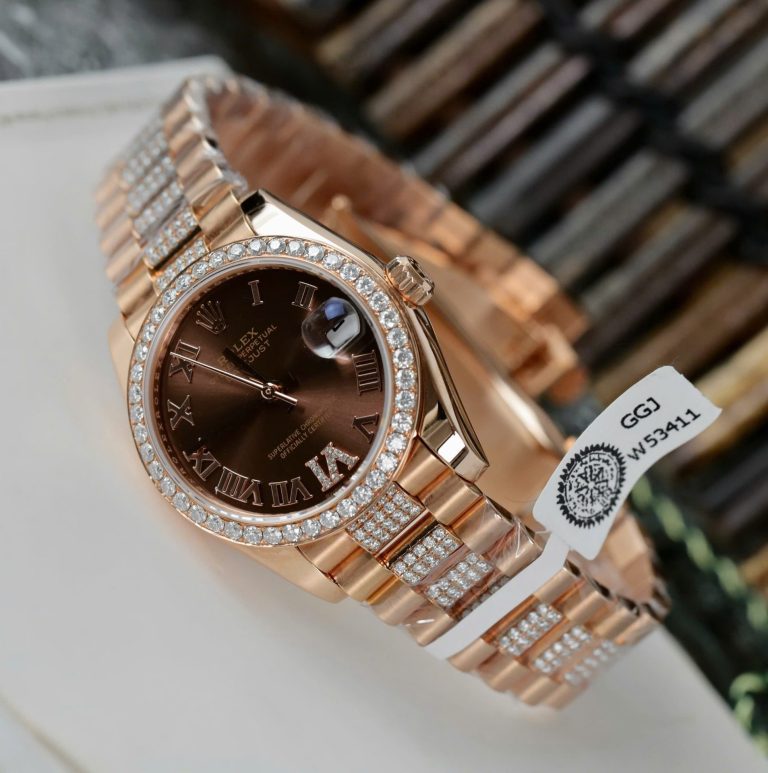Dong Ho Rolex DateJust Nu Mat Chocolate Che Tac Boc Vang Dinh Moissanite 31mm 4 768x773 1