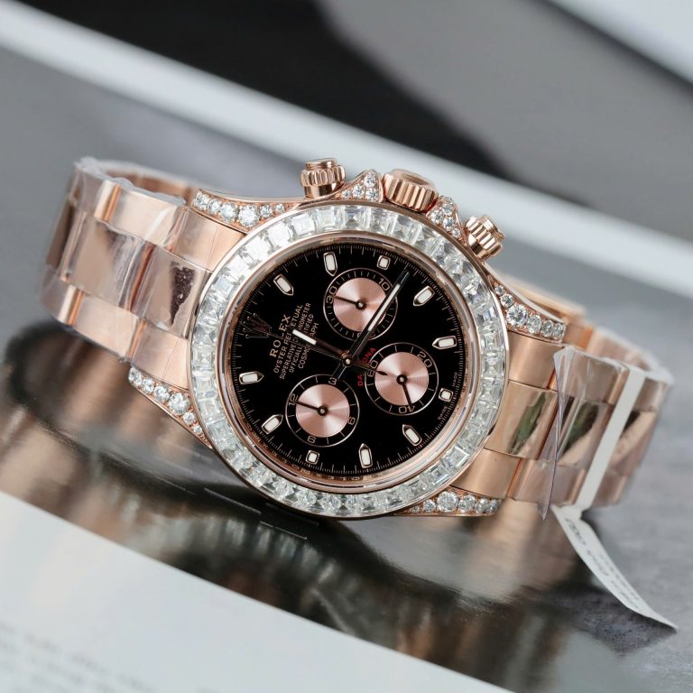 Dong Ho Rolex Daytona Mat Den Che Tac Boc Vang Dinh Kim Cuong Moissanite Baguette 40mm 3 768x768 1