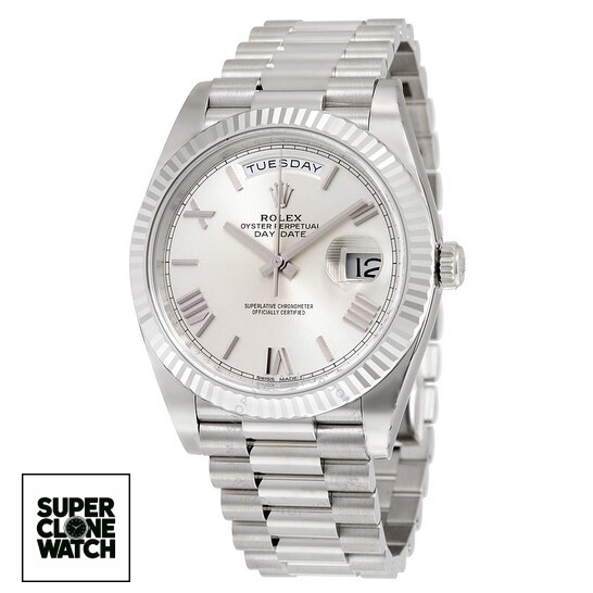 rolex daydate 40 silver quadrant motif dial 18k white gold president automatic mens watch 228239sqrsp