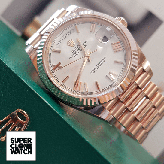 rolex day date 228235 KW rose gold white dial replica left side