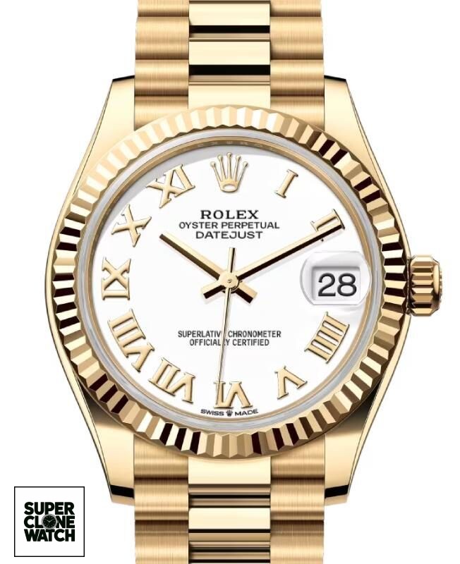 rolex lady datejust 31 president yellow gold white roman dial fluted bezel 278278